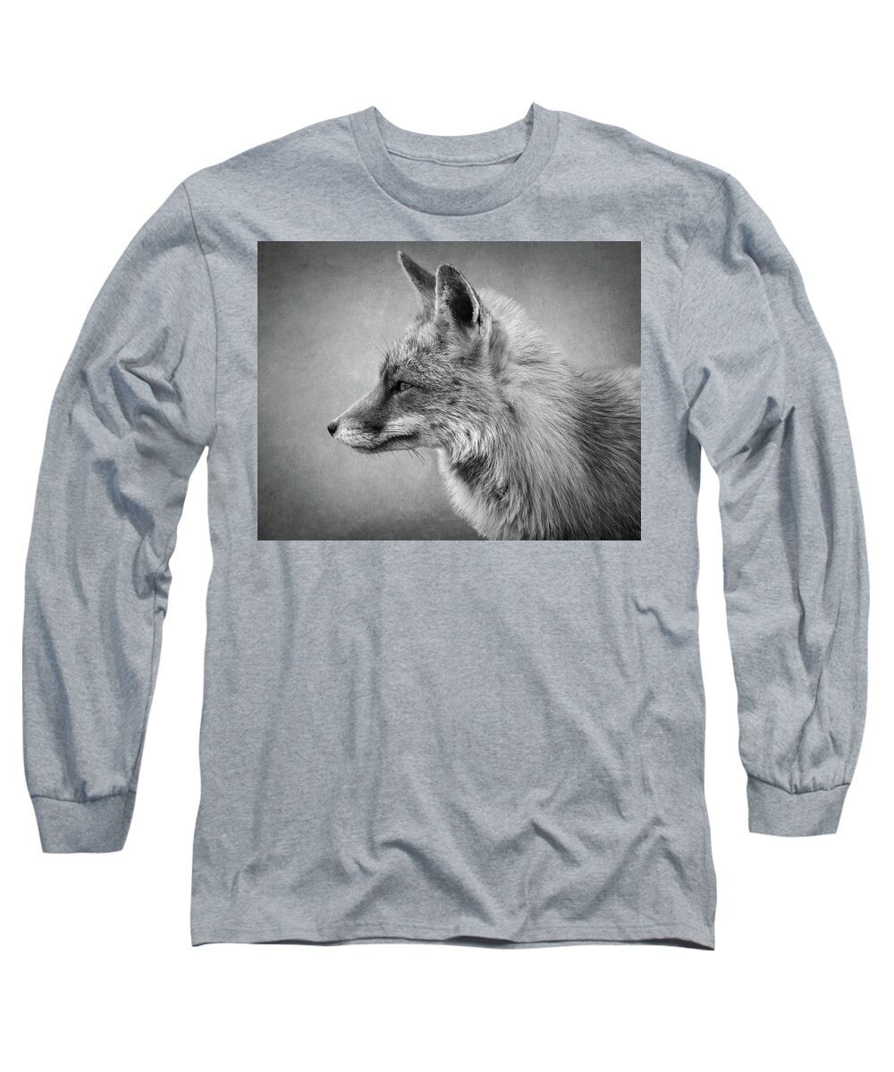 Foc Long Sleeve T-Shirt featuring the digital art Portrait of a fox in black and white by Marjolein Van Middelkoop