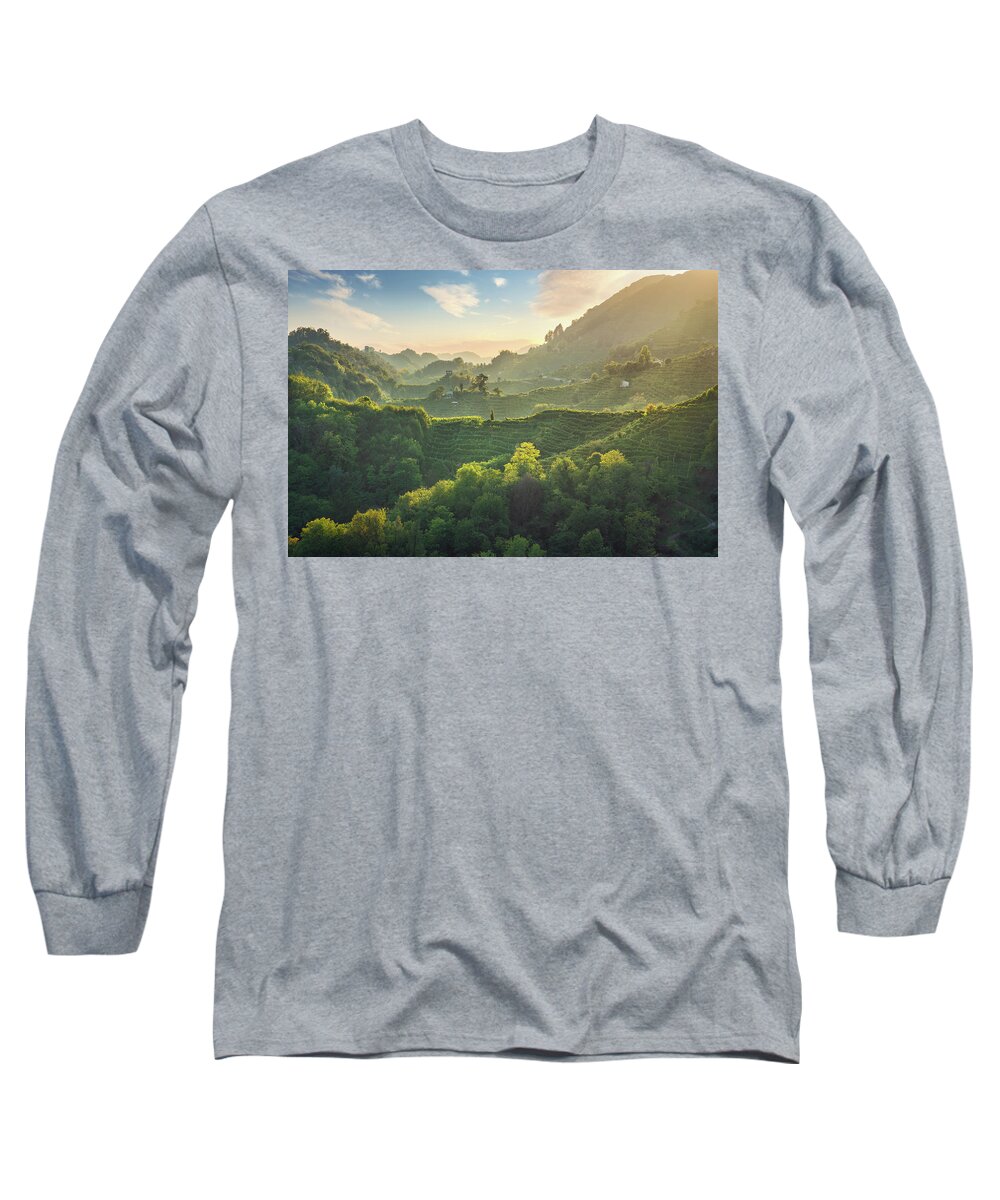Prosecco Long Sleeve T-Shirt featuring the photograph Prosecco Hills hogback, vineyards at sunset. Unesco Site. Italy by Stefano Orazzini