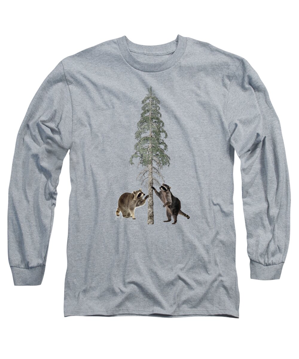 Raccoon Long Sleeve T-Shirt featuring the mixed media Raccoons in the Wild Winter Forest by David Dehner