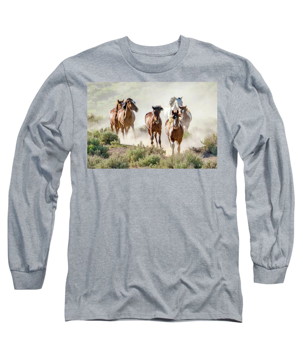 Horses Long Sleeve T-Shirt featuring the photograph Racing to the Water Hole by Judi Dressler