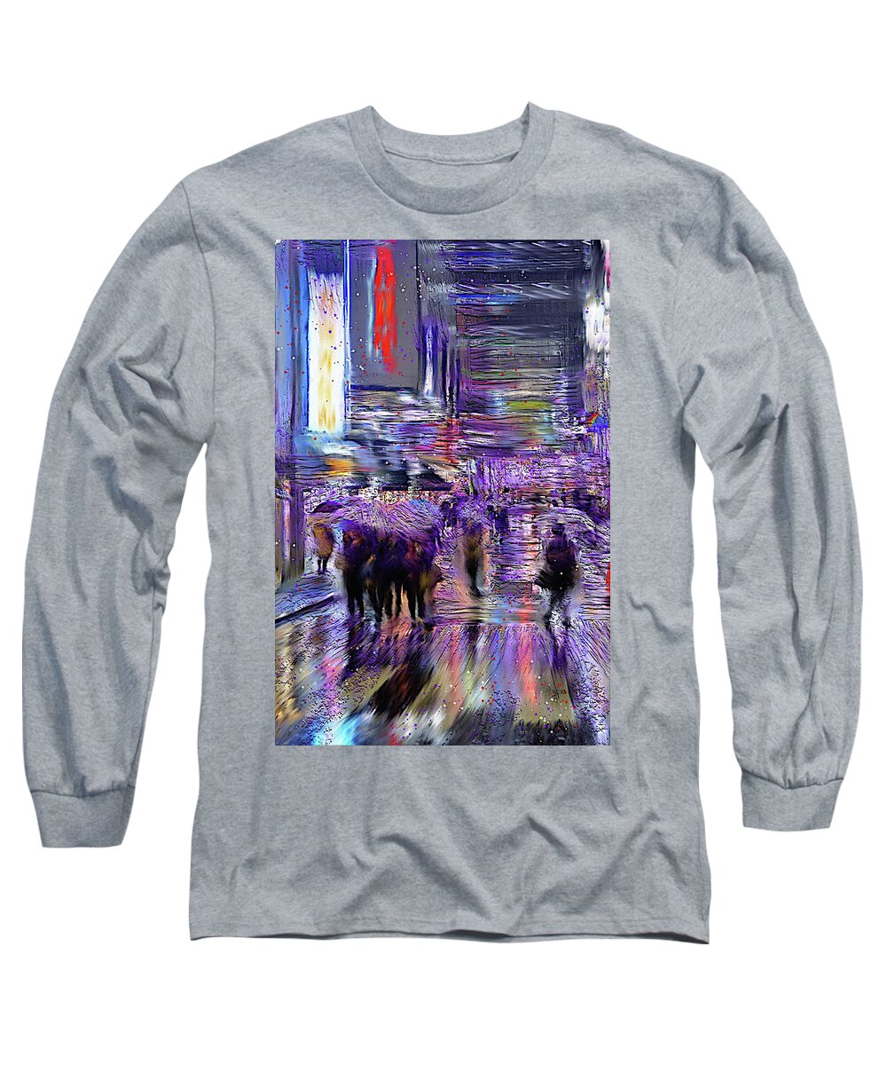 Rainy Long Sleeve T-Shirt featuring the mixed media Rainy City Lights Abstract by Shelli Fitzpatrick