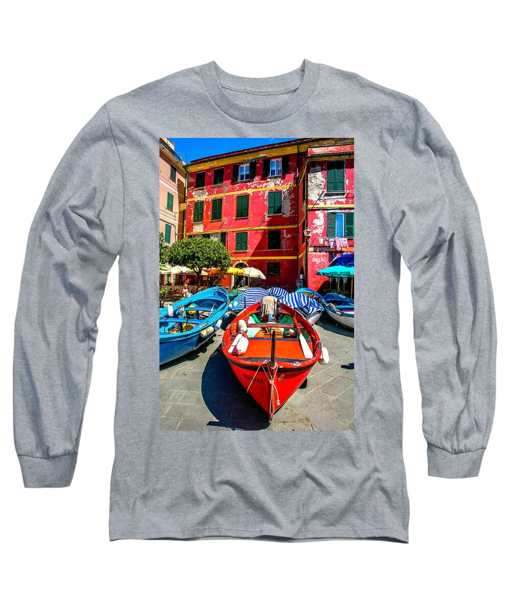Red Boat Venazza Cinque Terre Long Sleeve T-Shirt featuring the photograph Red Boat Venazza Cinque Terre by Xavier Cardell