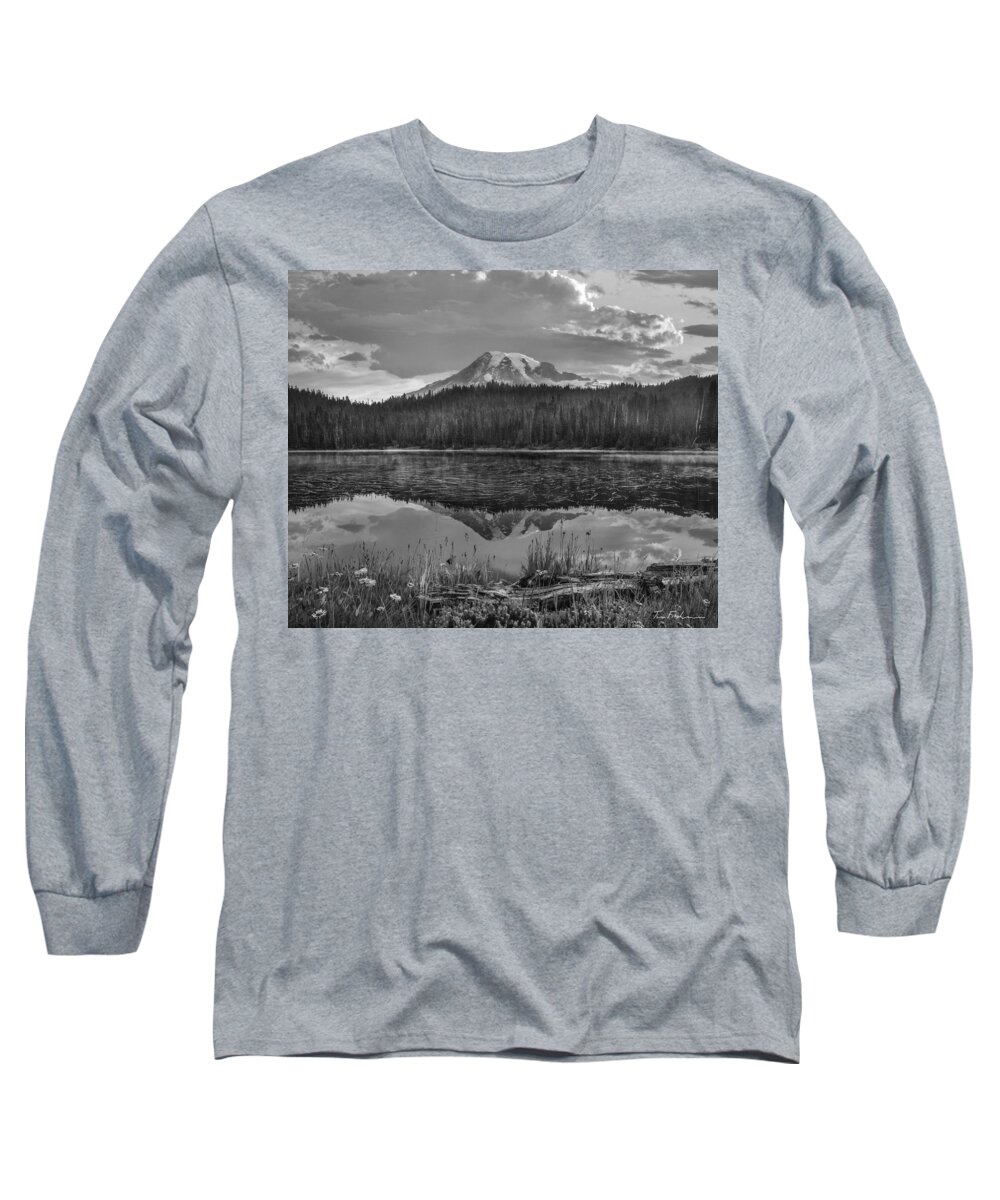 Inspirational Summer Spring Water Reflection June July August Ma Long Sleeve T-Shirt featuring the photograph Reflection Lake, Mount Rainier National P by Tim Fitzharris
