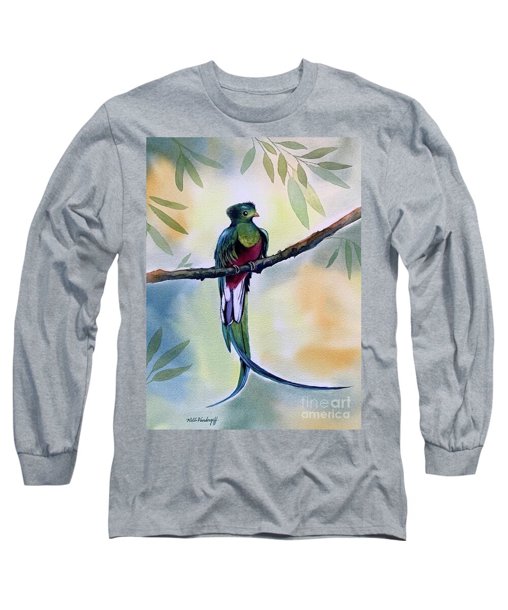 Quetzal Long Sleeve T-Shirt featuring the painting Resplendent Quetzal Bird Exotic by Hilda Vandergriff
