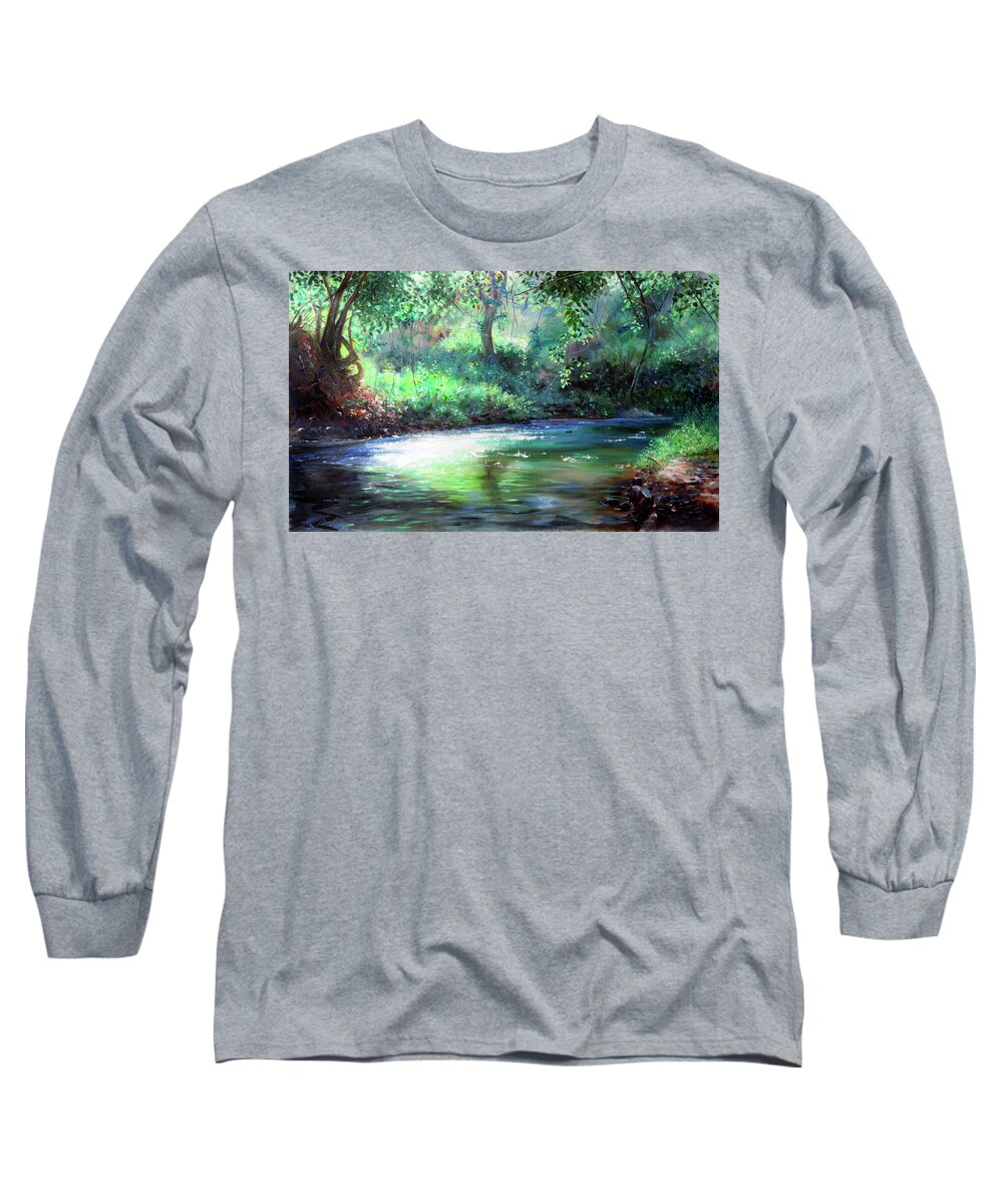 River Long Sleeve T-Shirt featuring the painting River by Jonathan Guy-Gladding JAG