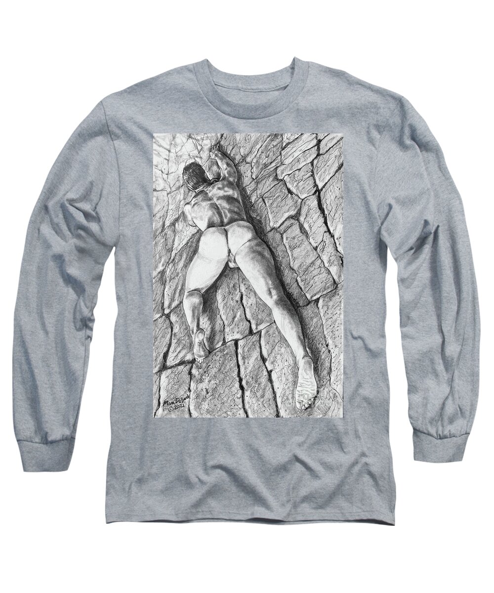 Male Nude Long Sleeve T-Shirt featuring the drawing Rock Climbing Randy by Marc DeBauch