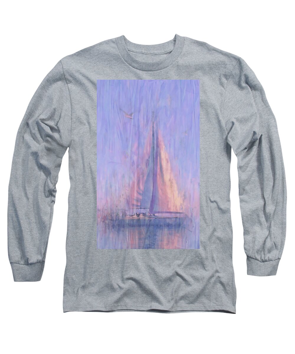 Sailboat Long Sleeve T-Shirt featuring the mixed media Sailboat at Dawn by Alex Mir