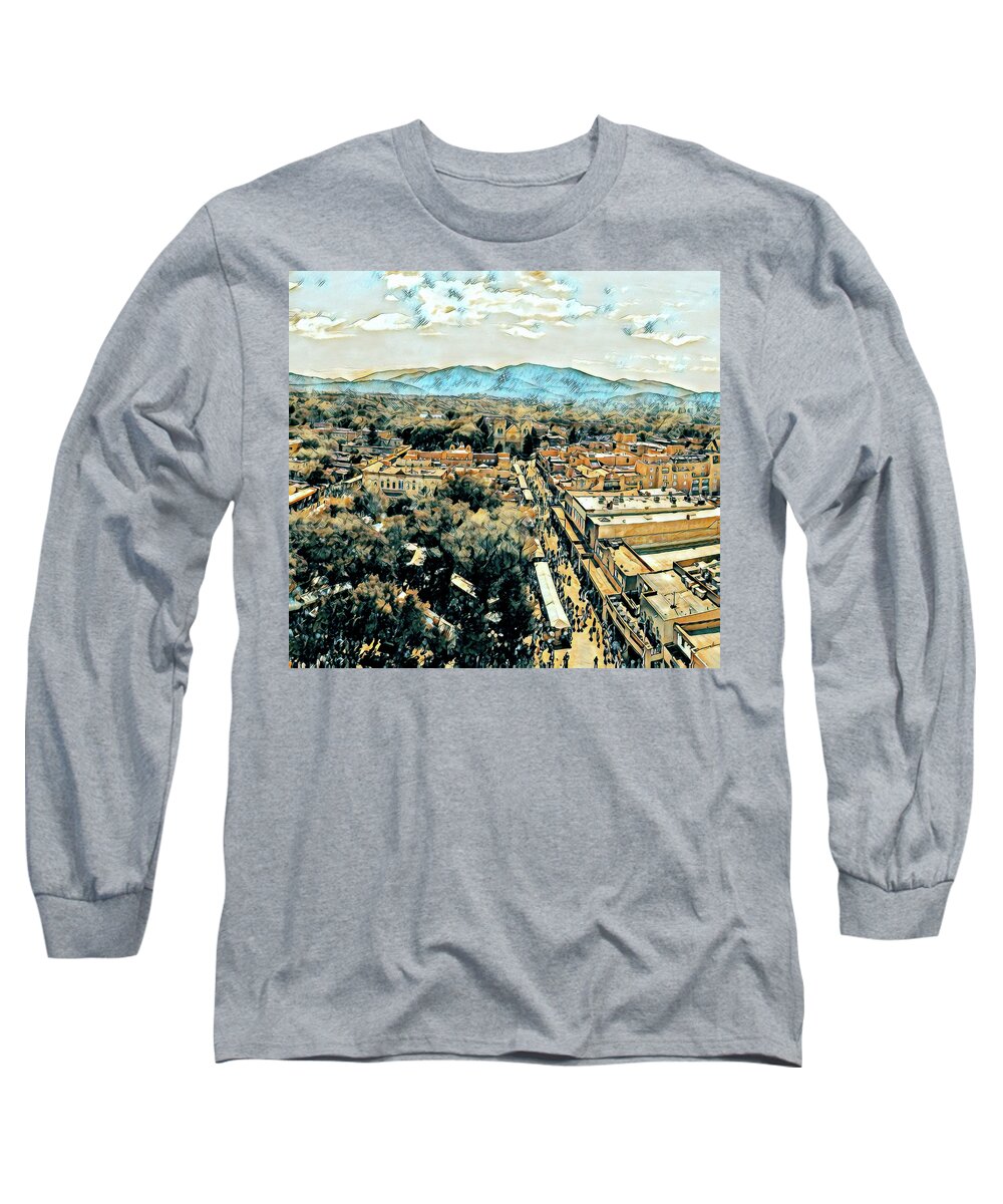 Southwest Long Sleeve T-Shirt featuring the digital art Santa Fe Plaza Market by Aerial Santa Fe