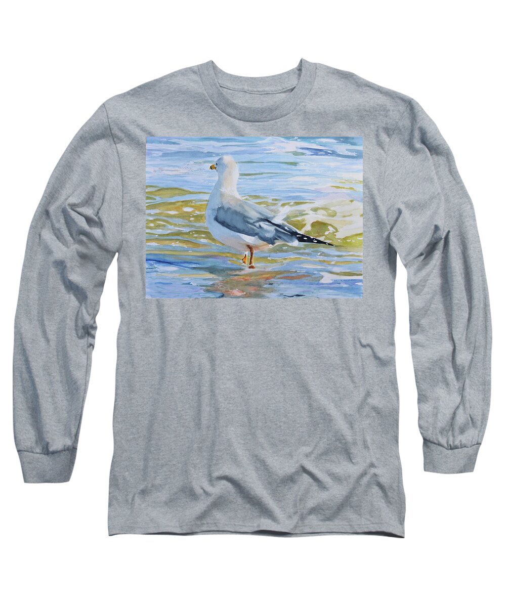 Seagull Long Sleeve T-Shirt featuring the painting Seagull Wading by Patty Kay Hall