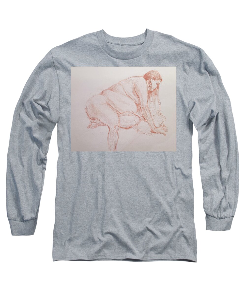 Nude Long Sleeve T-Shirt featuring the drawing Seated Nude Reaching by James Andrews