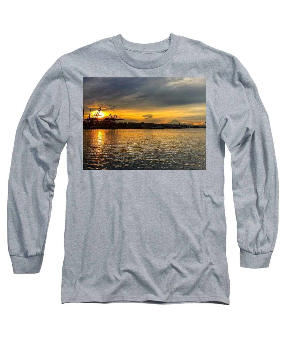 Sunrise Long Sleeve T-Shirt featuring the photograph Seattle Waterfront and Mt Rainier Sunrise by Jerry Abbott