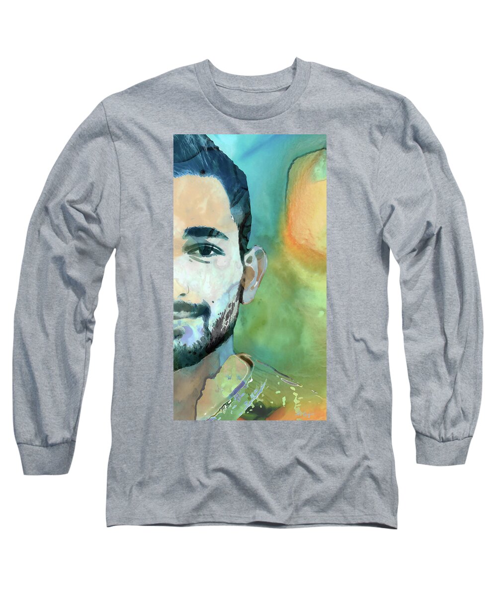 Portrait Long Sleeve T-Shirt featuring the painting Shawnt - Custom Face Portrait - Sharon Cummings by Sharon Cummings