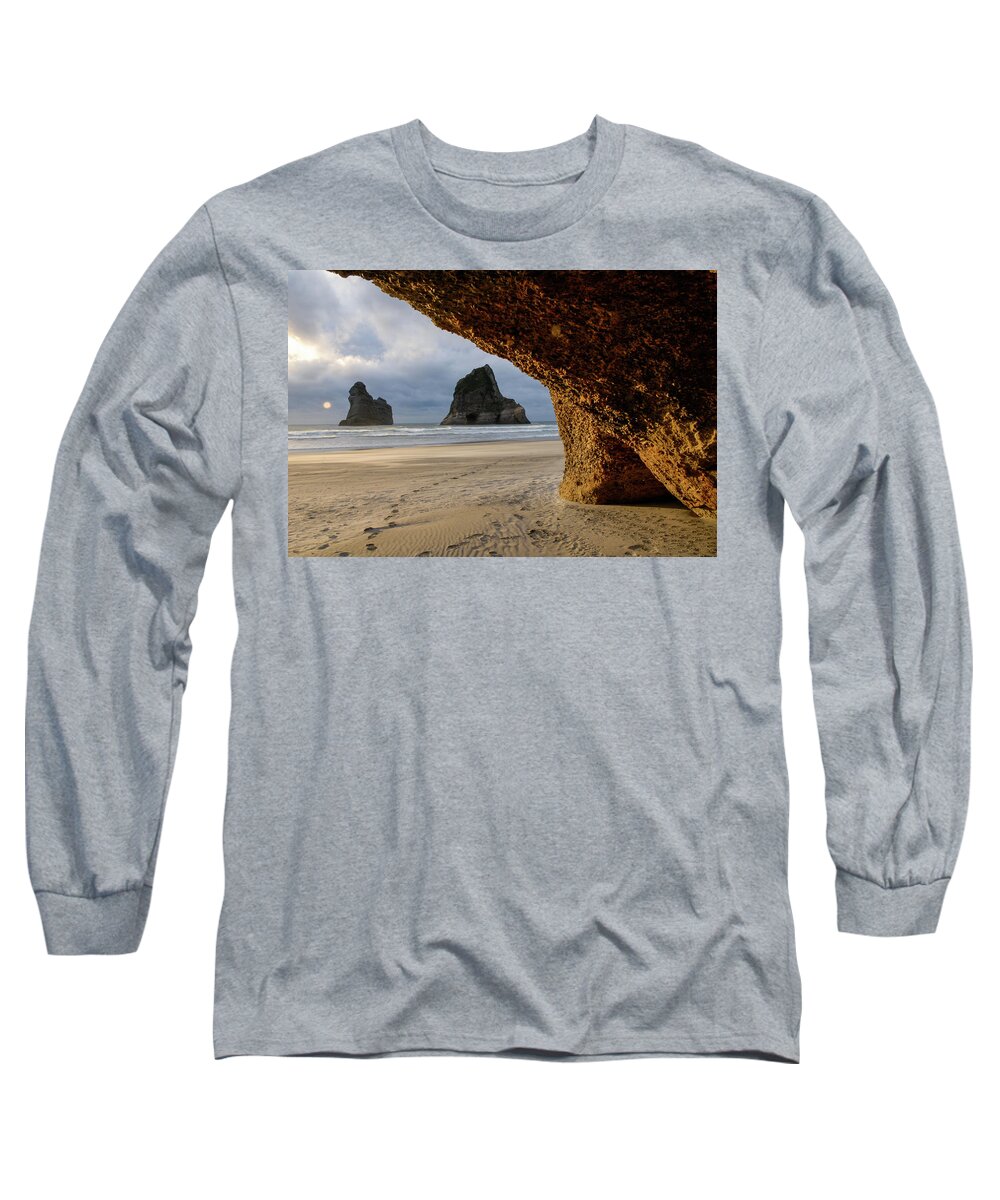 Wharariki Beach Long Sleeve T-Shirt featuring the photograph Castles Of Sand - Farewell Spit, South Island. New Zealand by Earth And Spirit
