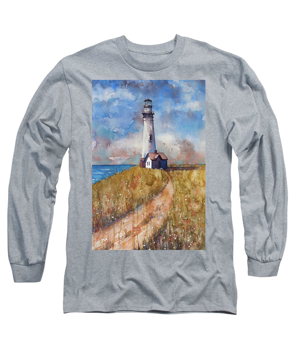 Sunny Long Sleeve T-Shirt featuring the painting Sunny Day at the Lighthouse by Rebecca Davis