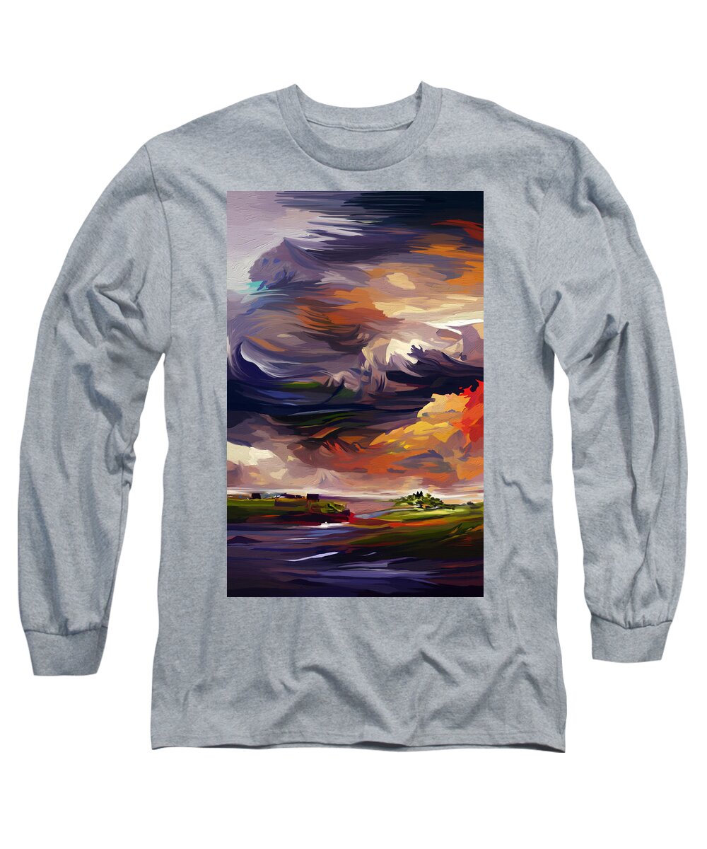 Sunrise Landscape Long Sleeve T-Shirt featuring the mixed media Sunrise from Maythorne by the River Greet by Ann Leech