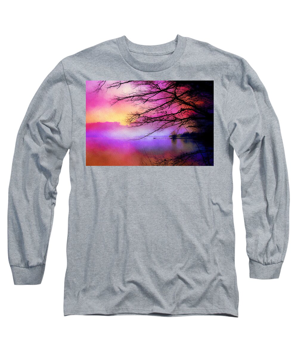 Sunset Long Sleeve T-Shirt featuring the mixed media Sunset on the lake by Tatiana Travelways