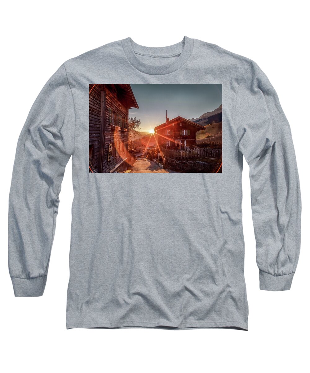 Breil Long Sleeve T-Shirt featuring the photograph Sunset on the small mountain village by Benoit Bruchez