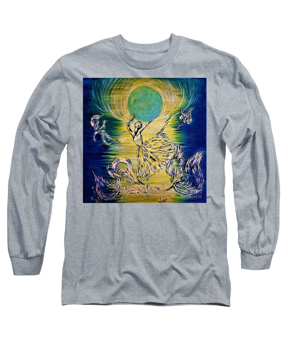 Moon Long Sleeve T-Shirt featuring the painting Swan Lake by Tatyana Shvartsakh