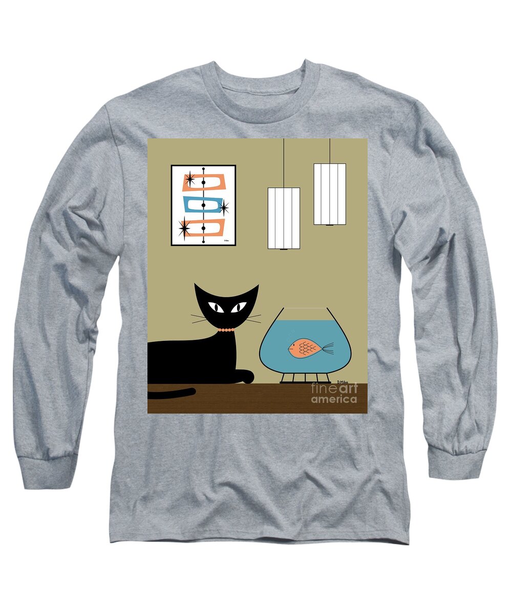 Mid Century Modern Long Sleeve T-Shirt featuring the digital art Tabletop Cat with Fish Bowl by Donna Mibus