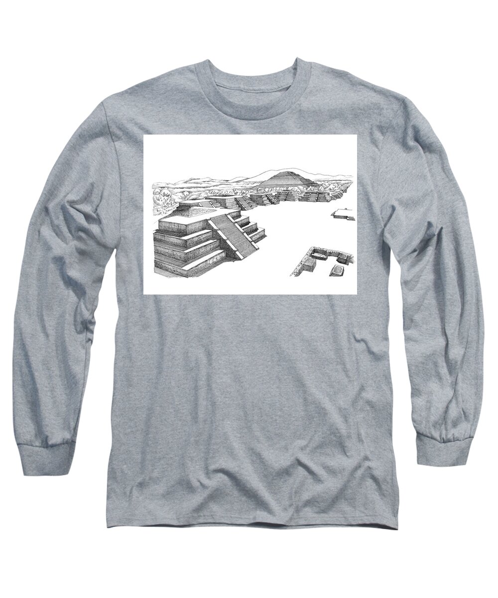 Teotihuacan Long Sleeve T-Shirt featuring the drawing Teotihuacan by Trevor Grassi