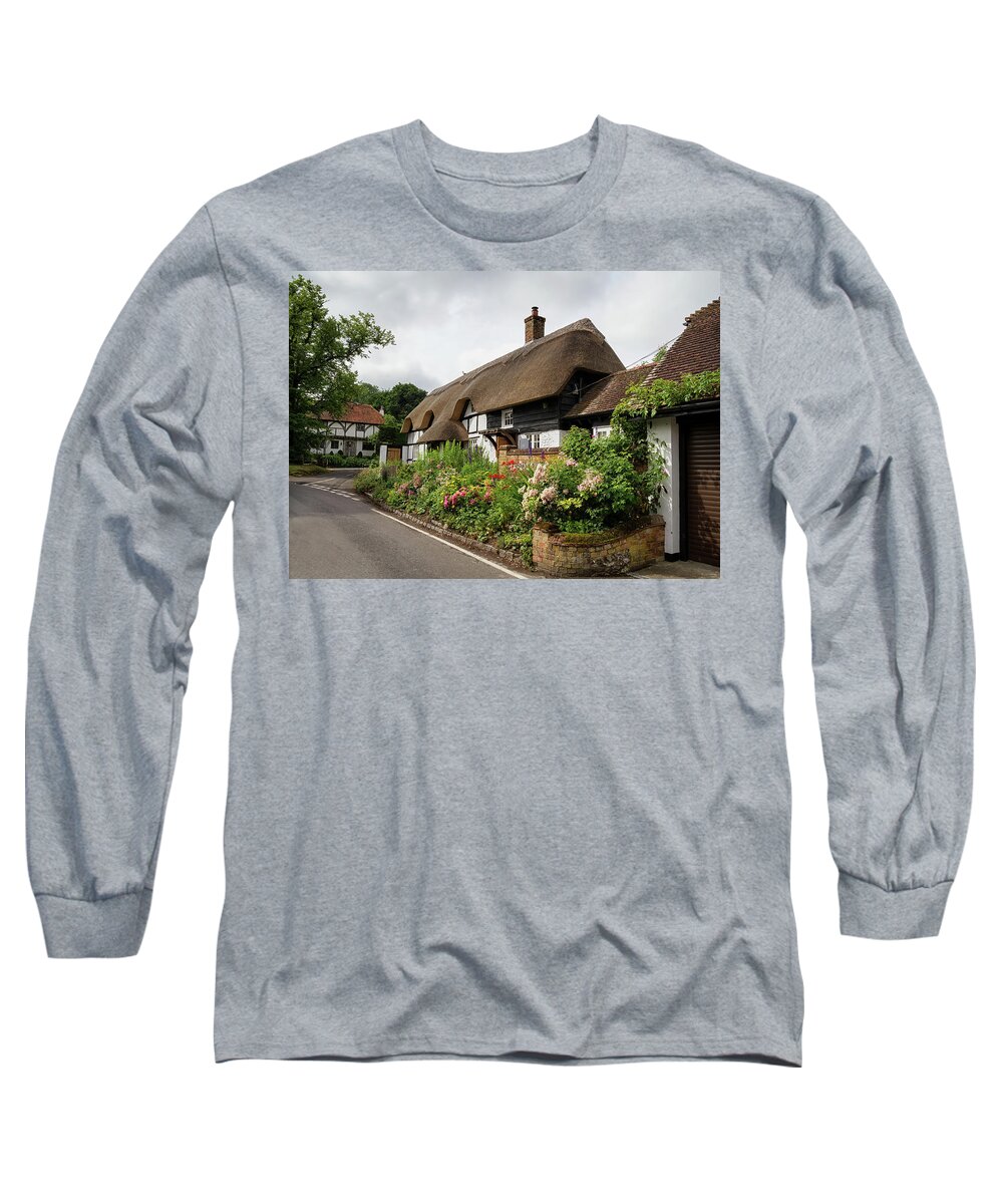 Cottage Long Sleeve T-Shirt featuring the photograph Thatched cottages in Micheldever by Shirley Mitchell