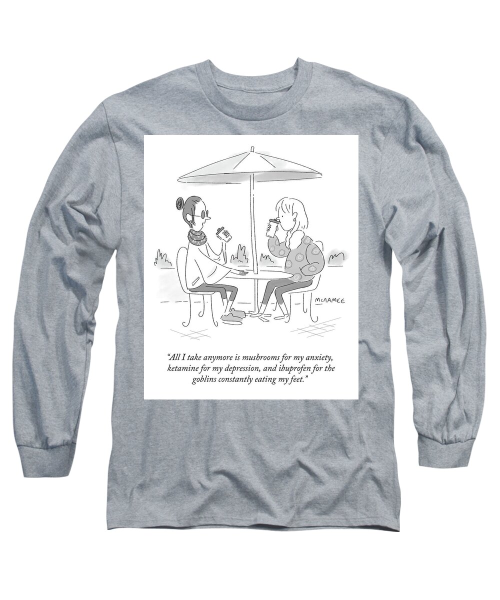 All I Take Anymore Is Mushrooms For My Anxiety Long Sleeve T-Shirt featuring the drawing The Goblins by John McNamee