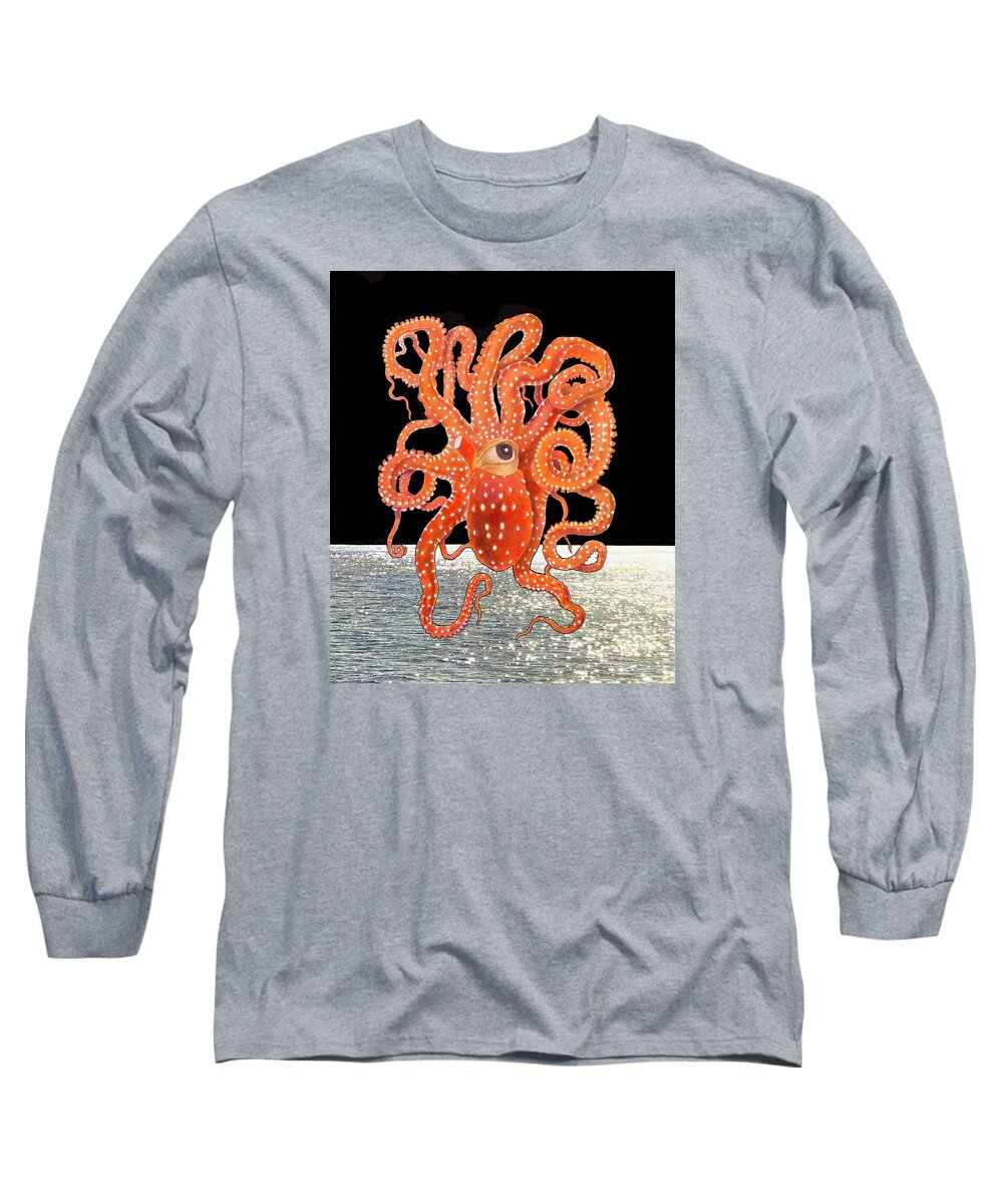 Octopus Long Sleeve T-Shirt featuring the mixed media The Watcher by Lorena Cassady