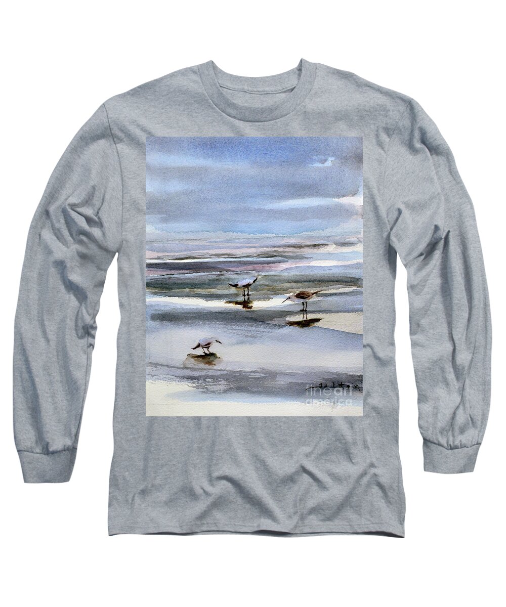 Original Painting Long Sleeve T-Shirt featuring the painting Three seabirds on the seashore by Julianne Felton