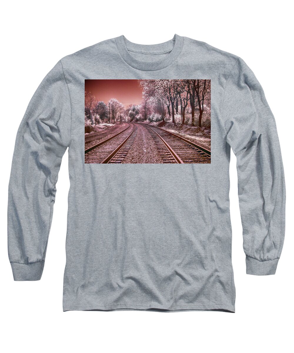 Infrared Long Sleeve T-Shirt featuring the photograph Train Tracks in Culpeper - Infrared Sepia by Anthony M Davis