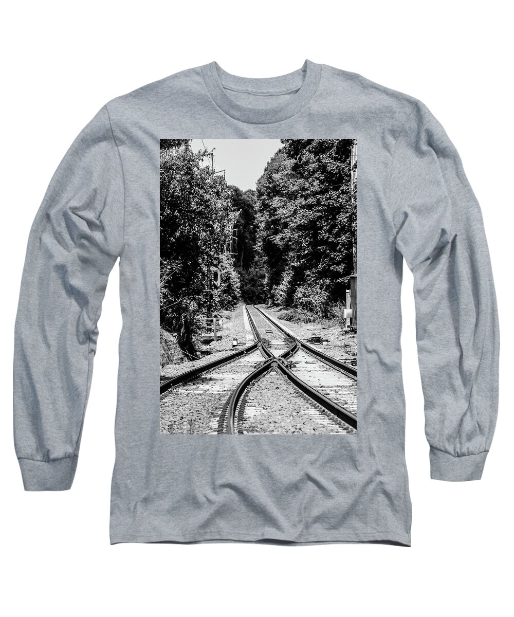 Train Tracks Rr Rail Road B&w Trees Long Sleeve T-Shirt featuring the photograph Train Tracks1 by John Linnemeyer