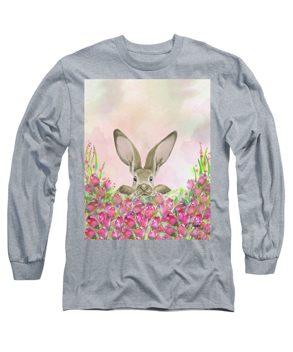 Rabbits Long Sleeve T-Shirt featuring the mixed media Tulip Picking Time by Colleen Taylor