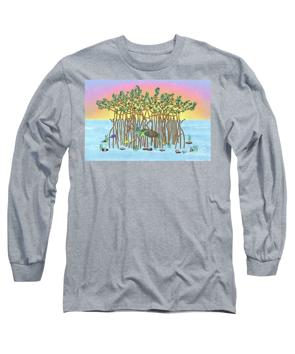Tropical Long Sleeve T-Shirt featuring the digital art Turtle Sunrise by Megan Dirsa-DuBois