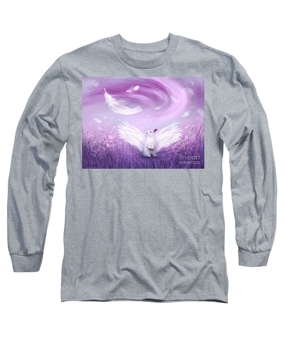 Wings Long Sleeve T-Shirt featuring the painting Under His Wings - Purple Gray by Yoonhee Ko