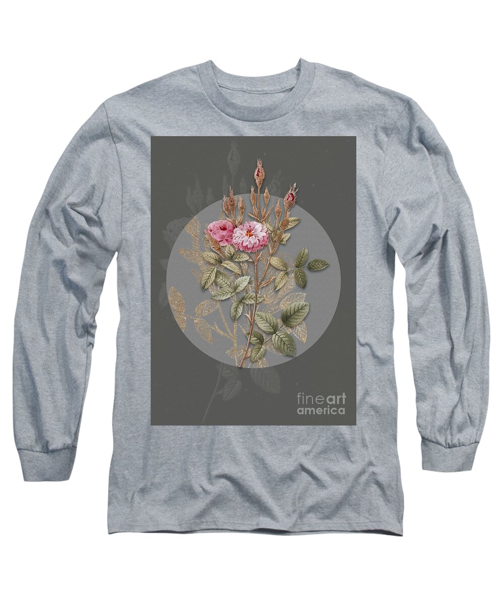 Vintage Long Sleeve T-Shirt featuring the painting Vintage Botanical Mossy Pompon Rose on Circle Gray on Gray by Holy Rock Design