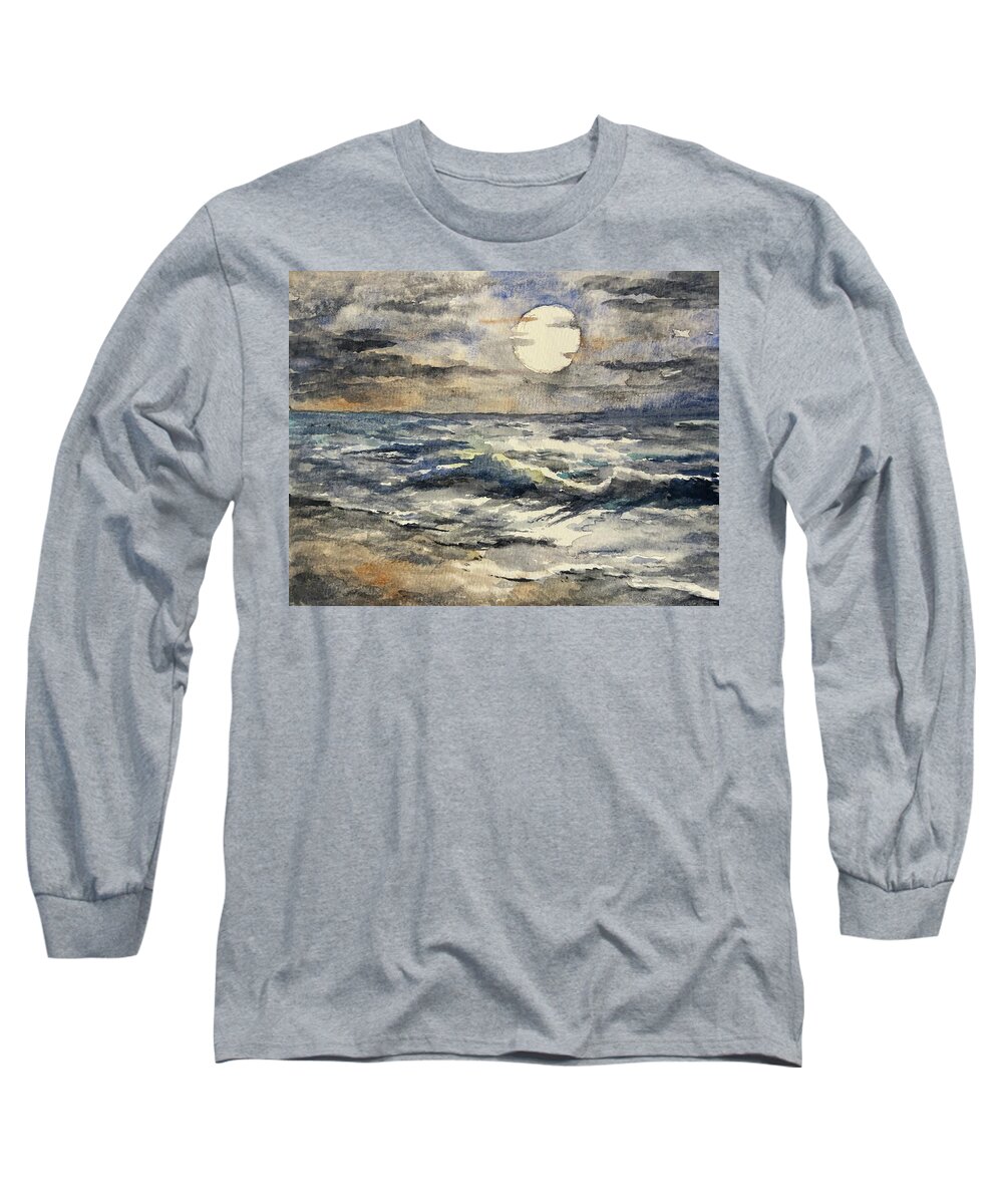 Moon Long Sleeve T-Shirt featuring the painting Watercolor Moonlit Seascape by Larry Whitler