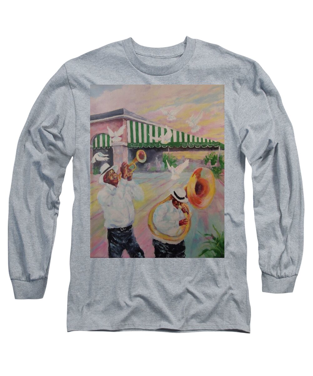 Mardi Gras Long Sleeve T-Shirt featuring the painting When the Saints Go Marching In--Cafe Du Monde by ML McCormick