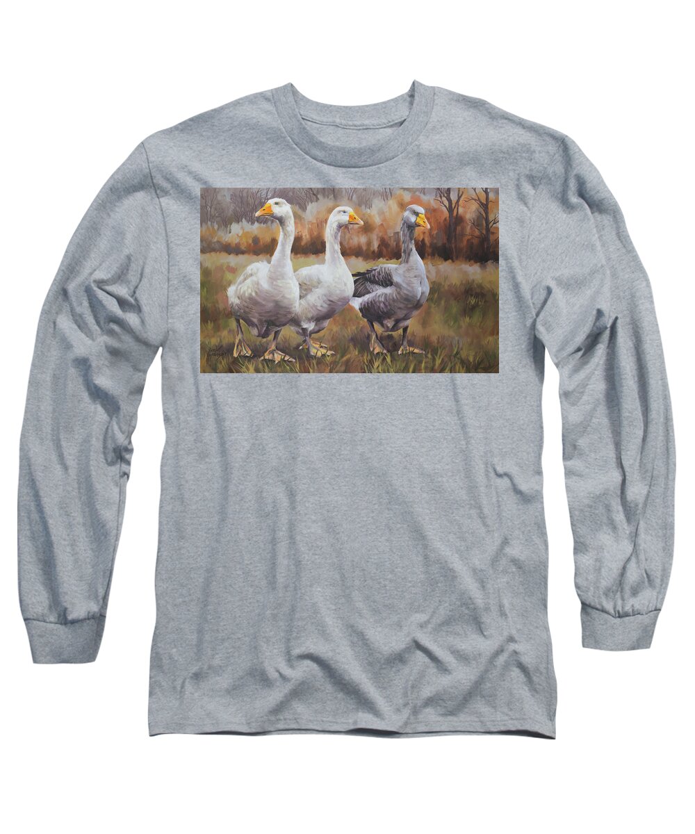 Geese Long Sleeve T-Shirt featuring the drawing White and Grey Geese by Jordan Henderson