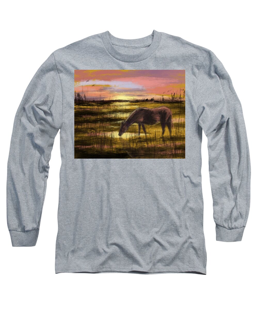 Wild Horse Long Sleeve T-Shirt featuring the painting Wild Horse At Paynes Prairie by Larry Whitler