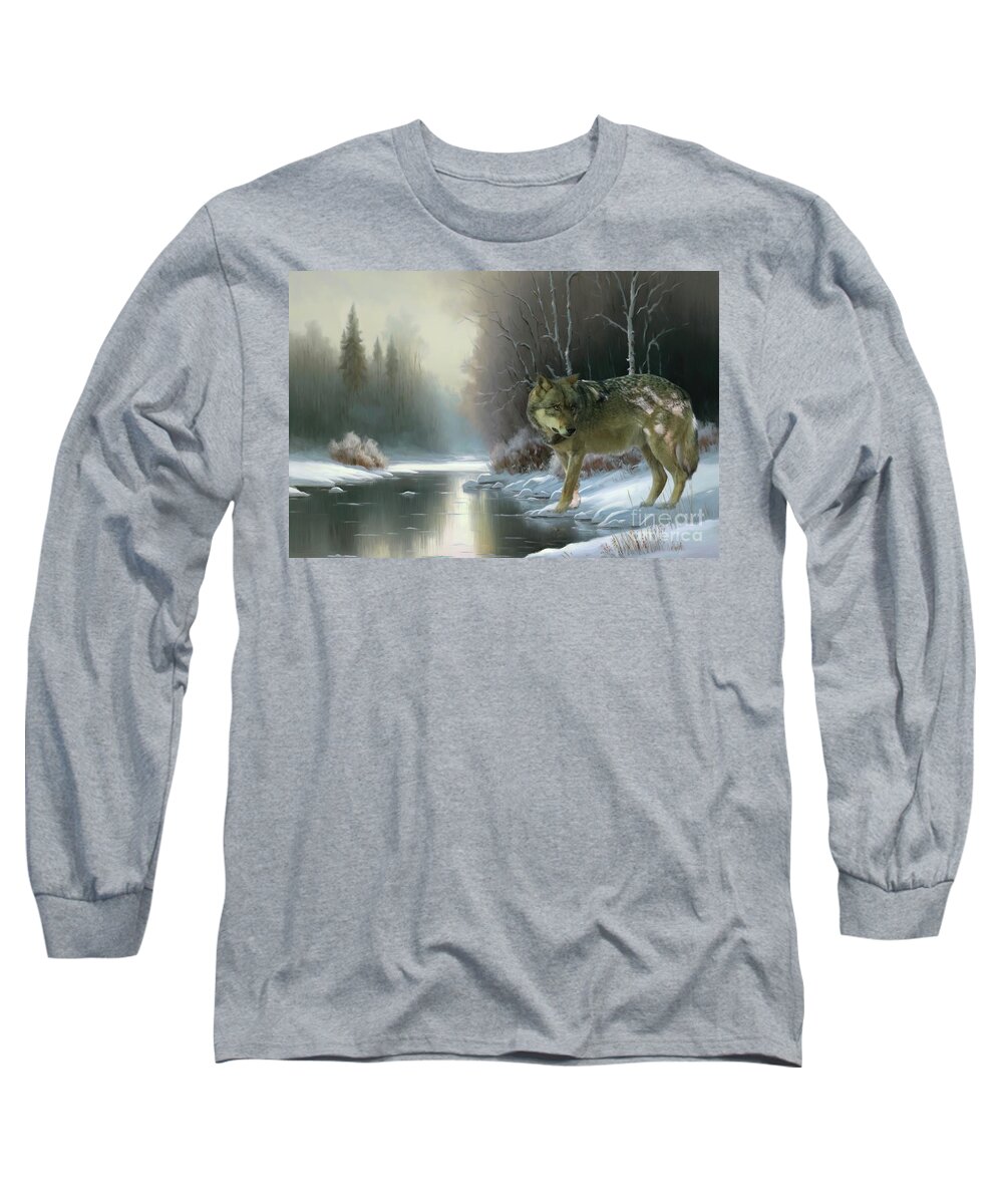 Winter Long Sleeve T-Shirt featuring the mixed media Winter by the River by Eva Lechner