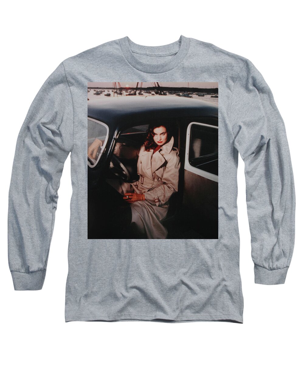 Woman. Trenchcoat Long Sleeve T-Shirt featuring the photograph Woman in a Trenchcoat 1989 by Steve Ladner