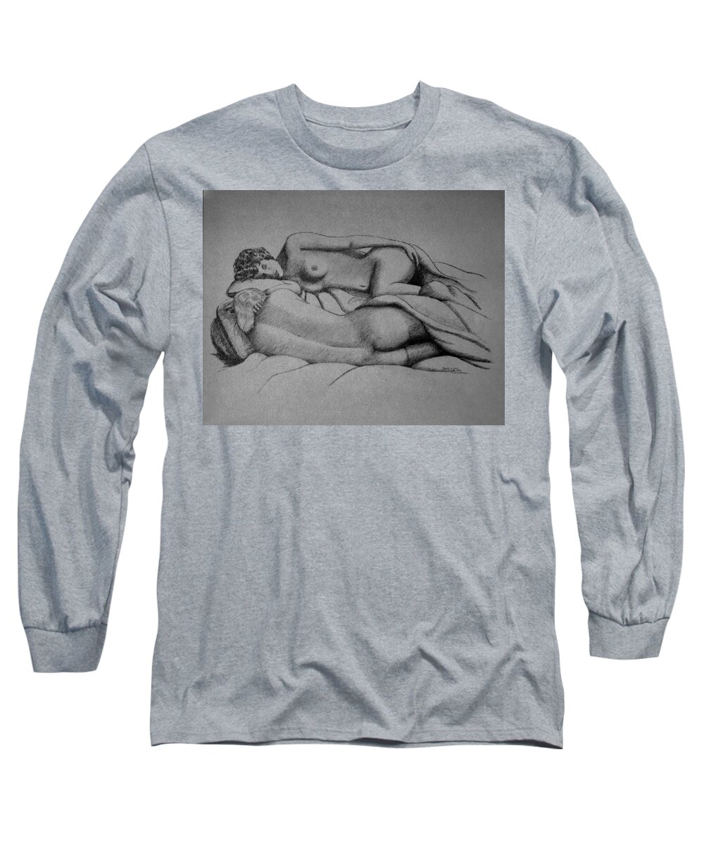 Nude Long Sleeve T-Shirt featuring the drawing Women Sleeping by Daniel Reed