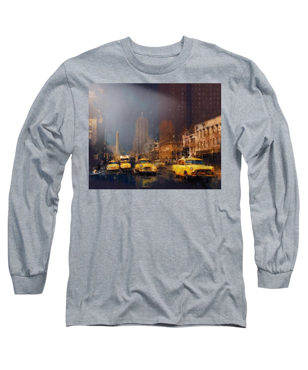 Yellow Long Sleeve T-Shirt featuring the painting Yellow Cabs 1960s Chicago by Glenn Galen