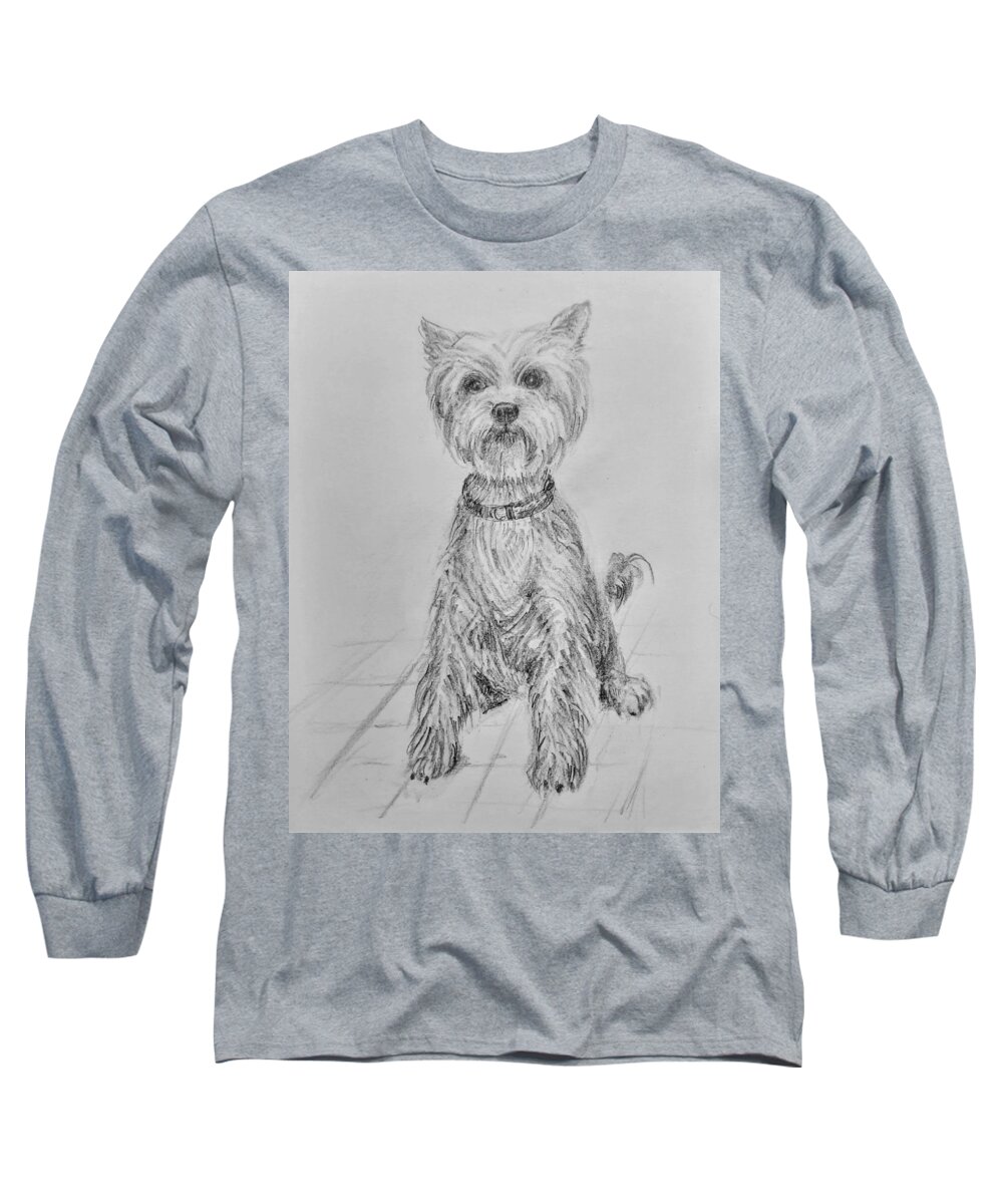 Puppy Long Sleeve T-Shirt featuring the drawing Yorkshire Terrier by Asha Sudhaker Shenoy