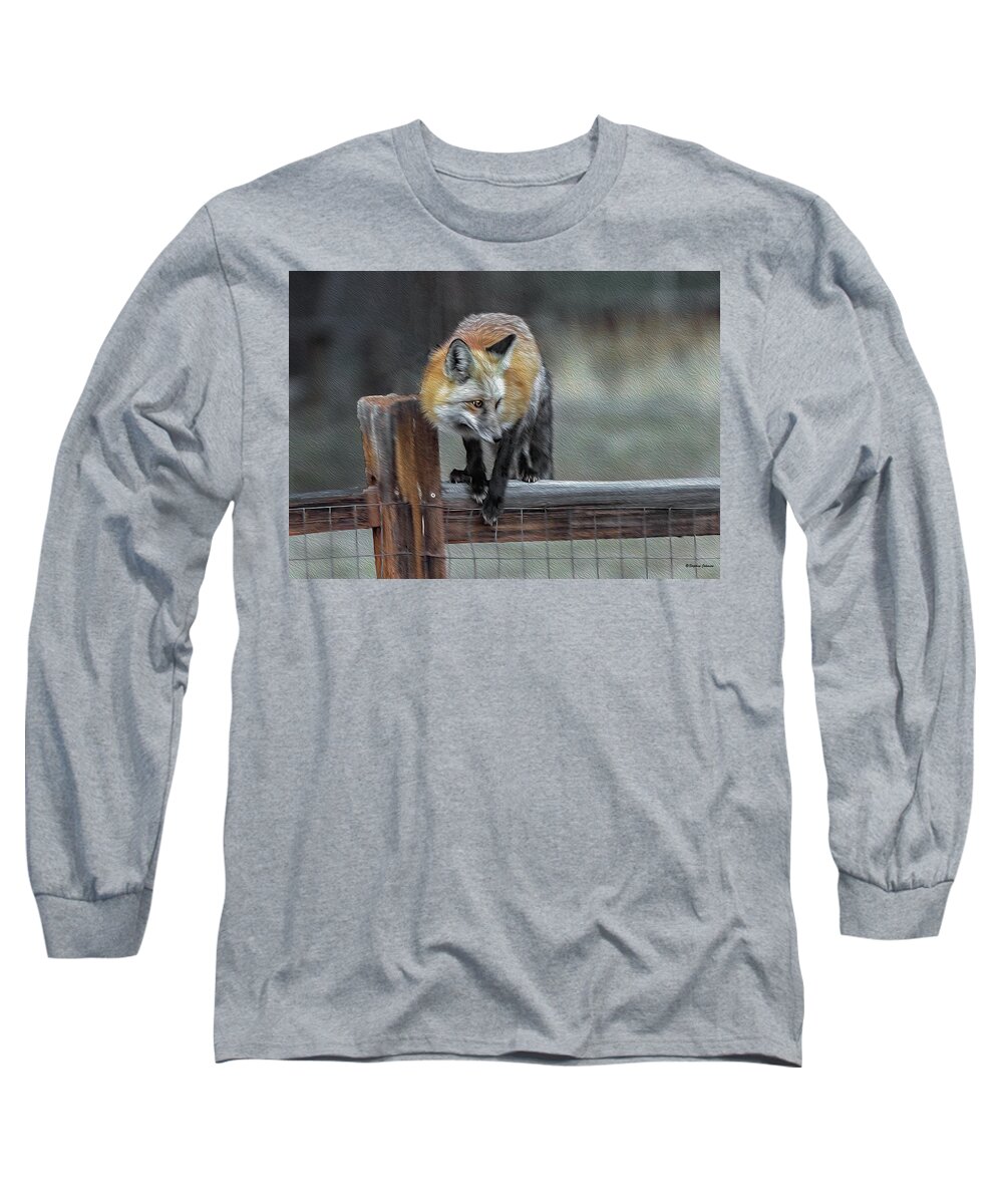 Red Fox Long Sleeve T-Shirt featuring the photograph Young Red Fox on Fence Stylized by Stephen Johnson