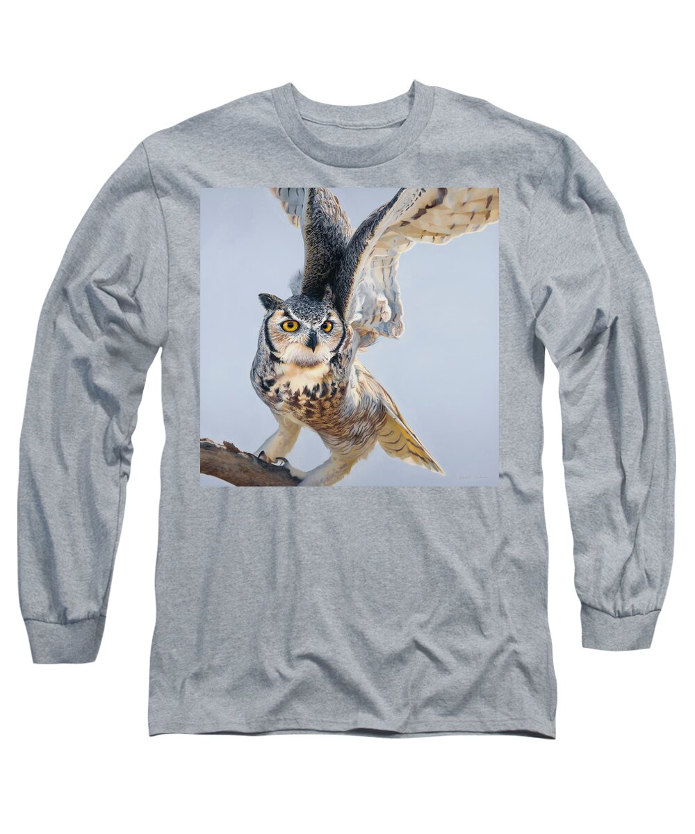Nikita Coulombe Long Sleeve T-Shirt featuring the painting Your Time Will Come - Great Horned Owl by Nikita Coulombe