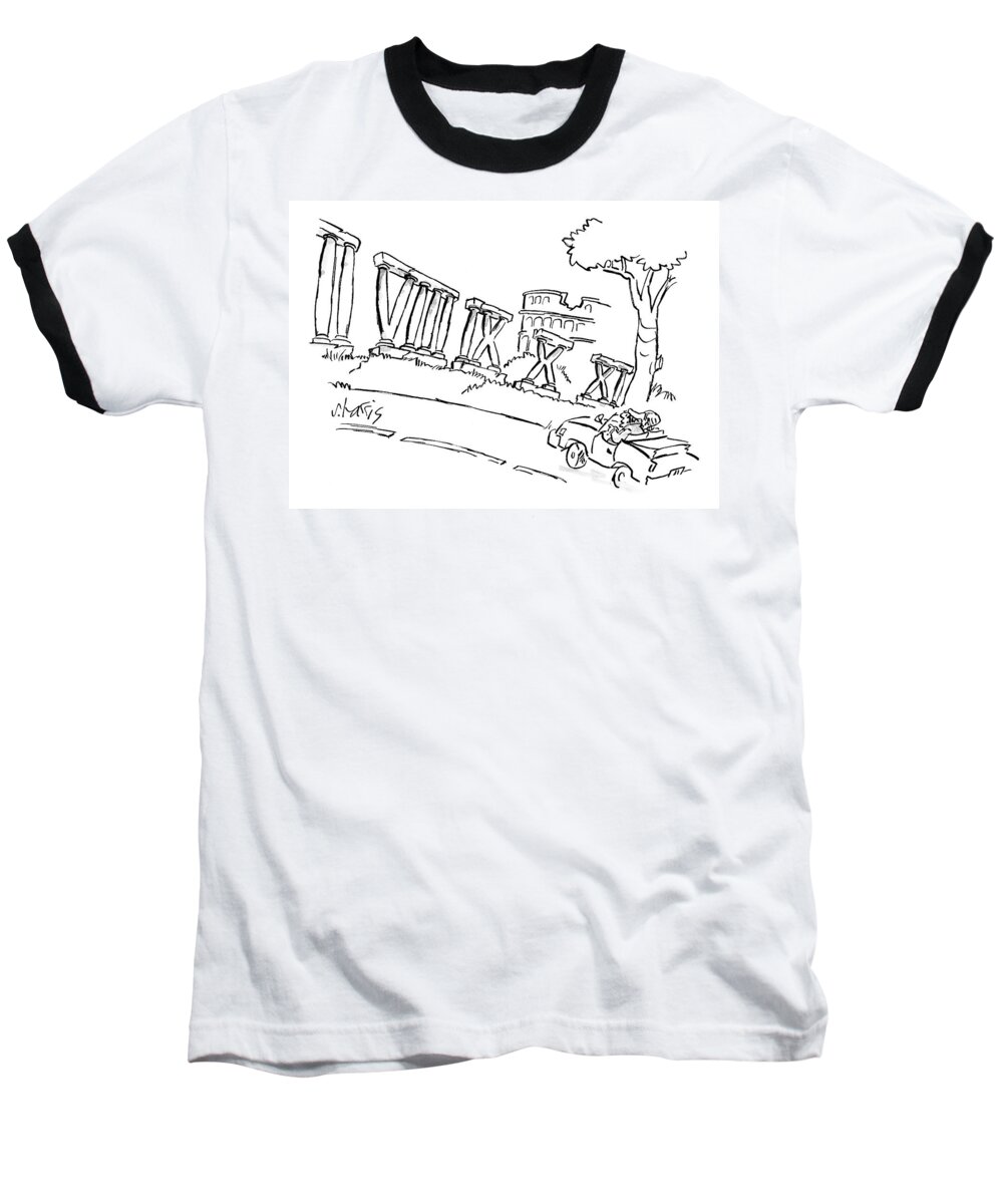 Romans Baseball T-Shirt featuring the drawing A Man And Woman Are Seen Driving In A Car #1 by Sidney Harris