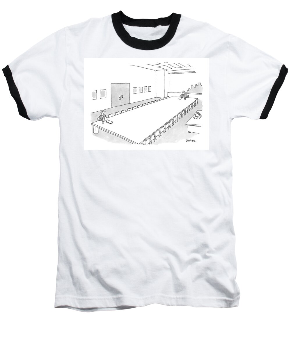 Tk. Downsizing Baseball T-Shirt featuring the drawing Caption Contest. One Man Sits At The End #1 by Jack Ziegler