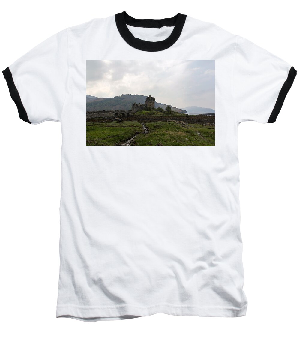 Bridge Baseball T-Shirt featuring the digital art Cartoon - Structure of the Eilean Donan Castle with a stone bridge #1 by Ashish Agarwal