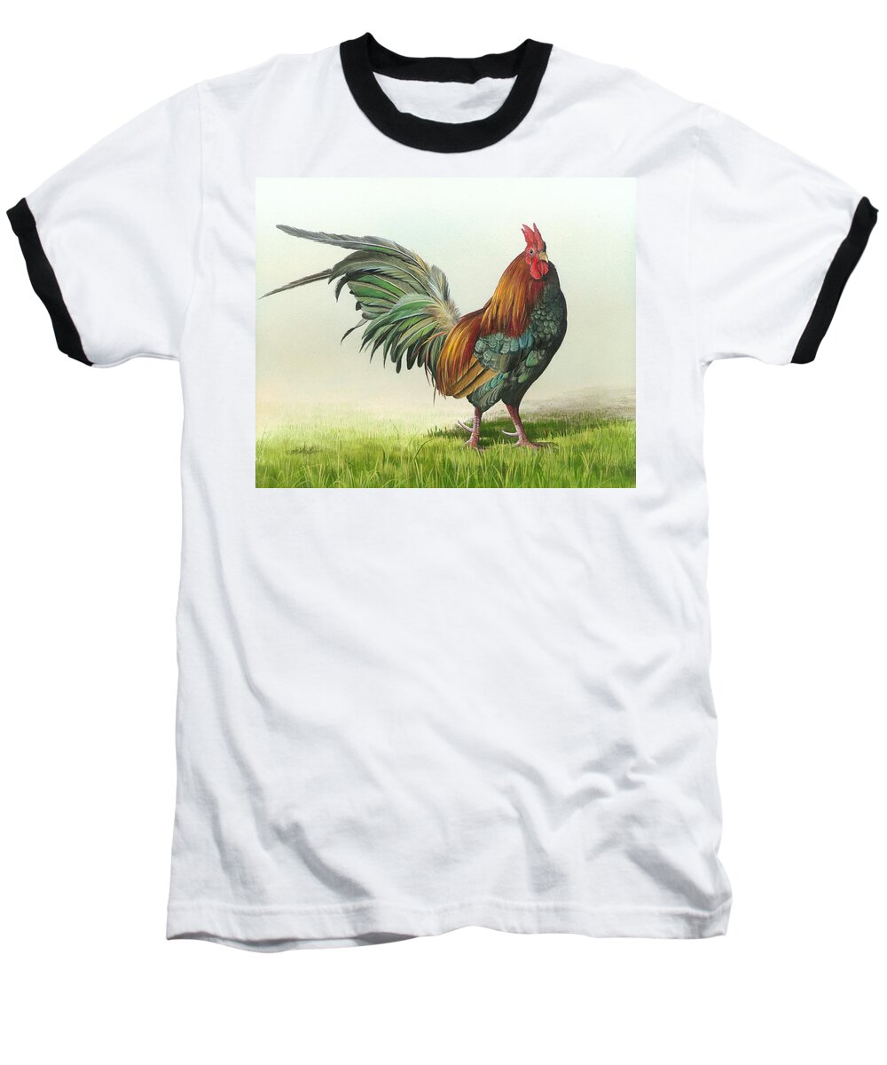 Rooster Baseball T-Shirt featuring the painting Strutting #1 by Mike Brown