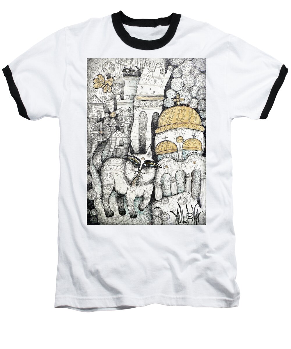Albena Baseball T-Shirt featuring the drawing Villages Of My Childhood by Albena Vatcheva